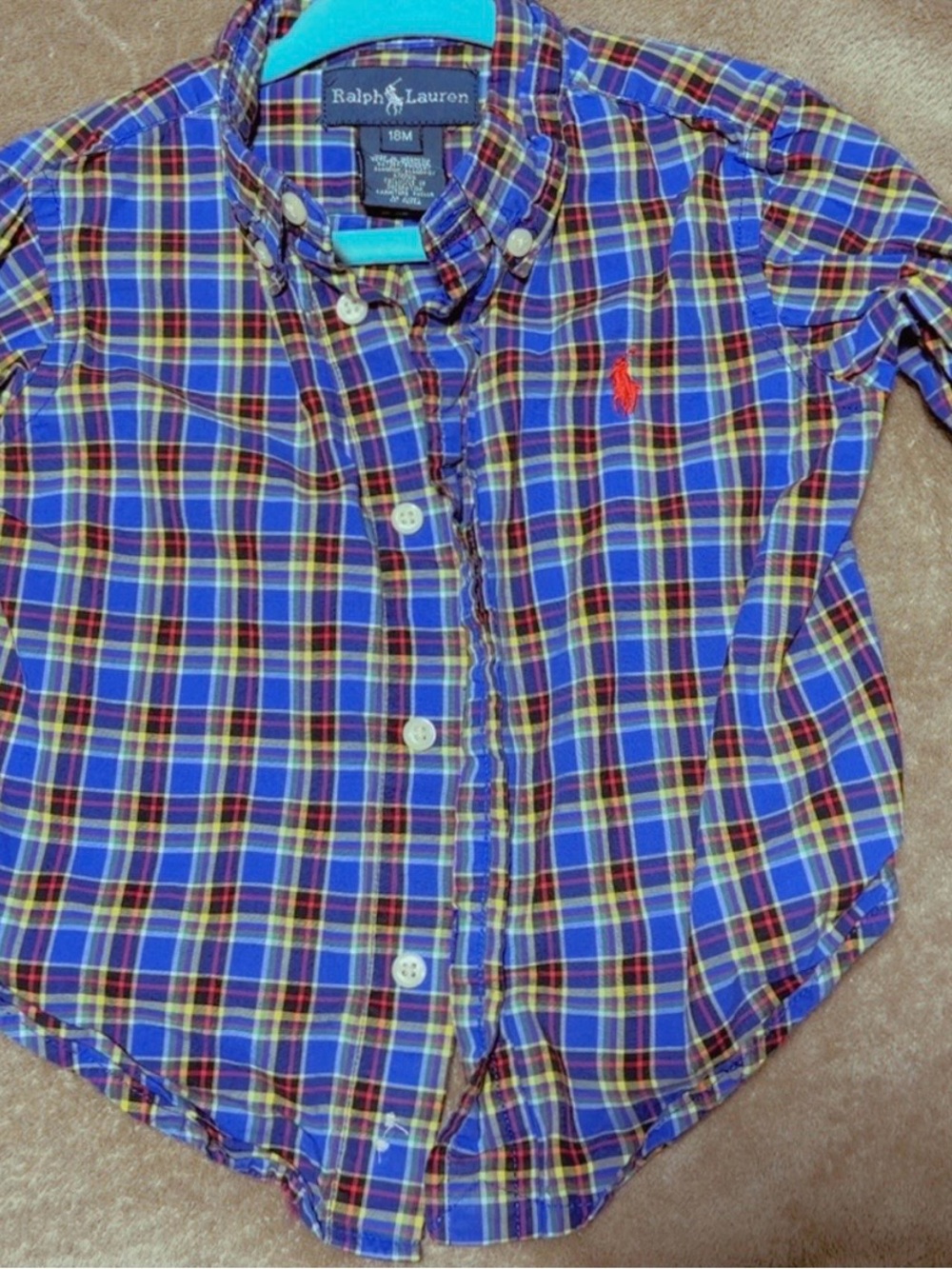 Ralph Lauren Blue Plaid Button-Down Shirt with Red Pony